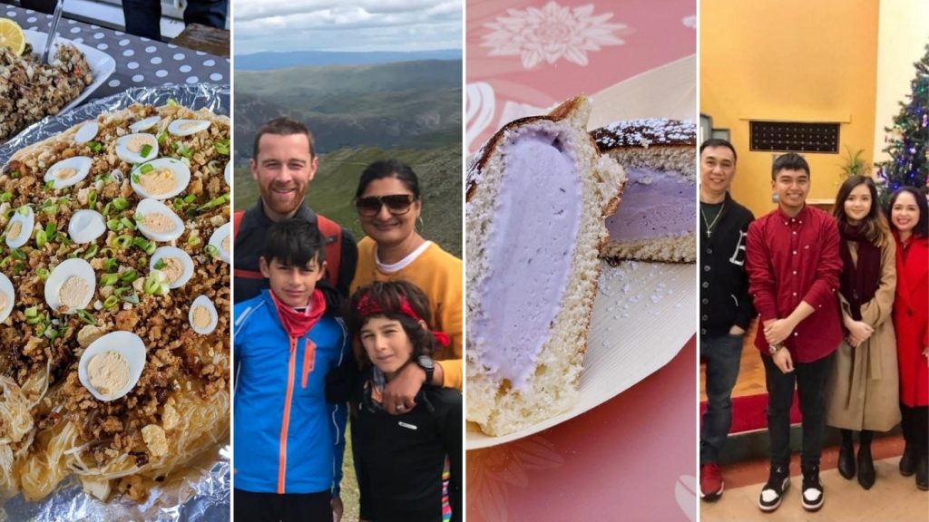 Four images showing different foods and families