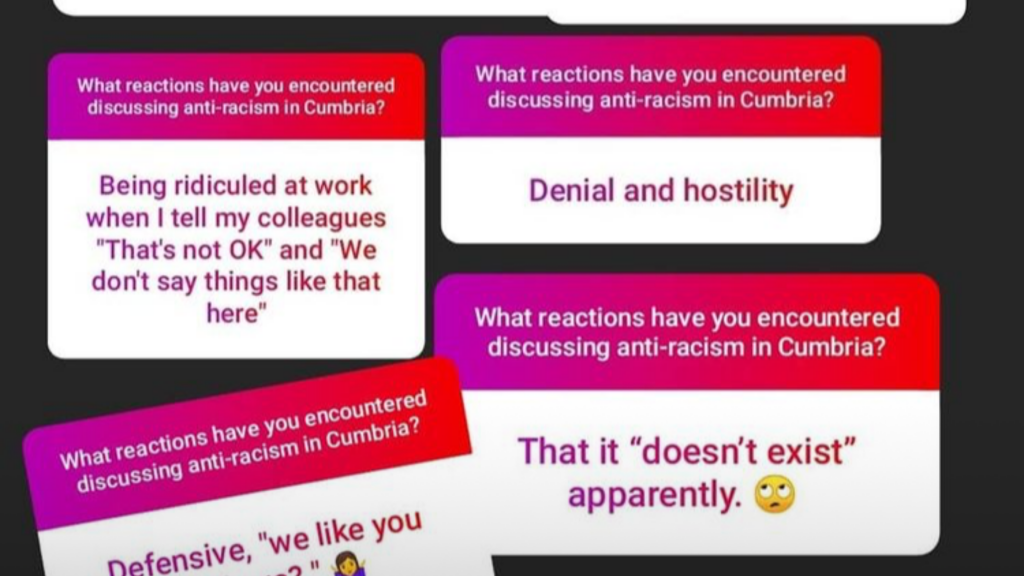 Visuals of screenshots: answers to the question 'What reactions have you had when discussing racism in Cumbria'. Examples include Denial and Hostility or that it doesn't exist.