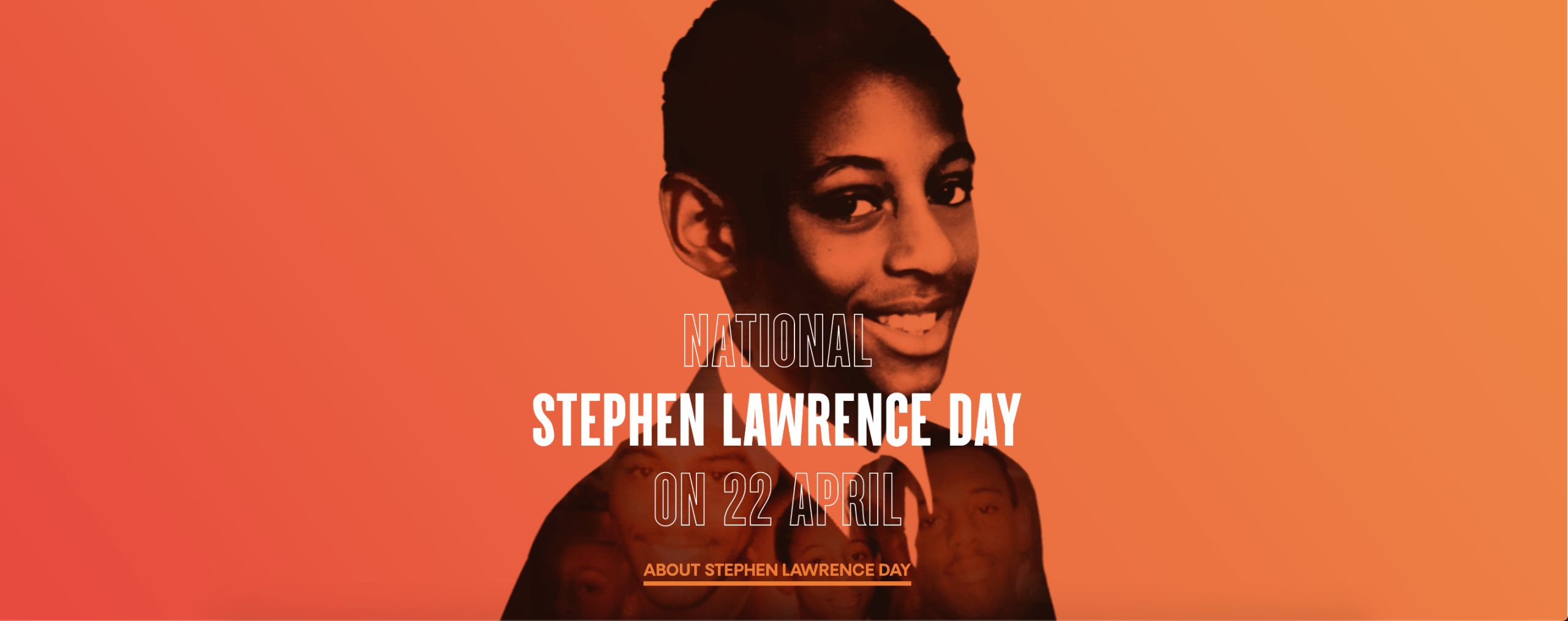 Stephen Lawrence, smiling in school uniform. Overlaid text reads National Stephen Lawrence Day on 22 April