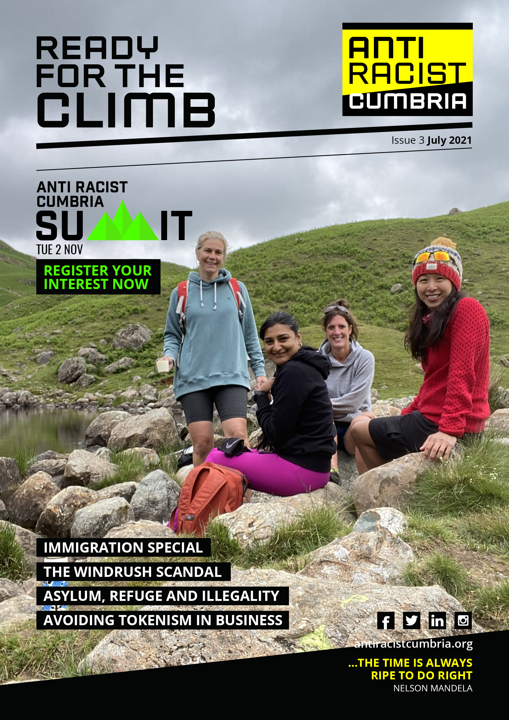 Advert for Anti Racist Cumbria Summit 2021. Four women on a fell walk look at the camera and smile.