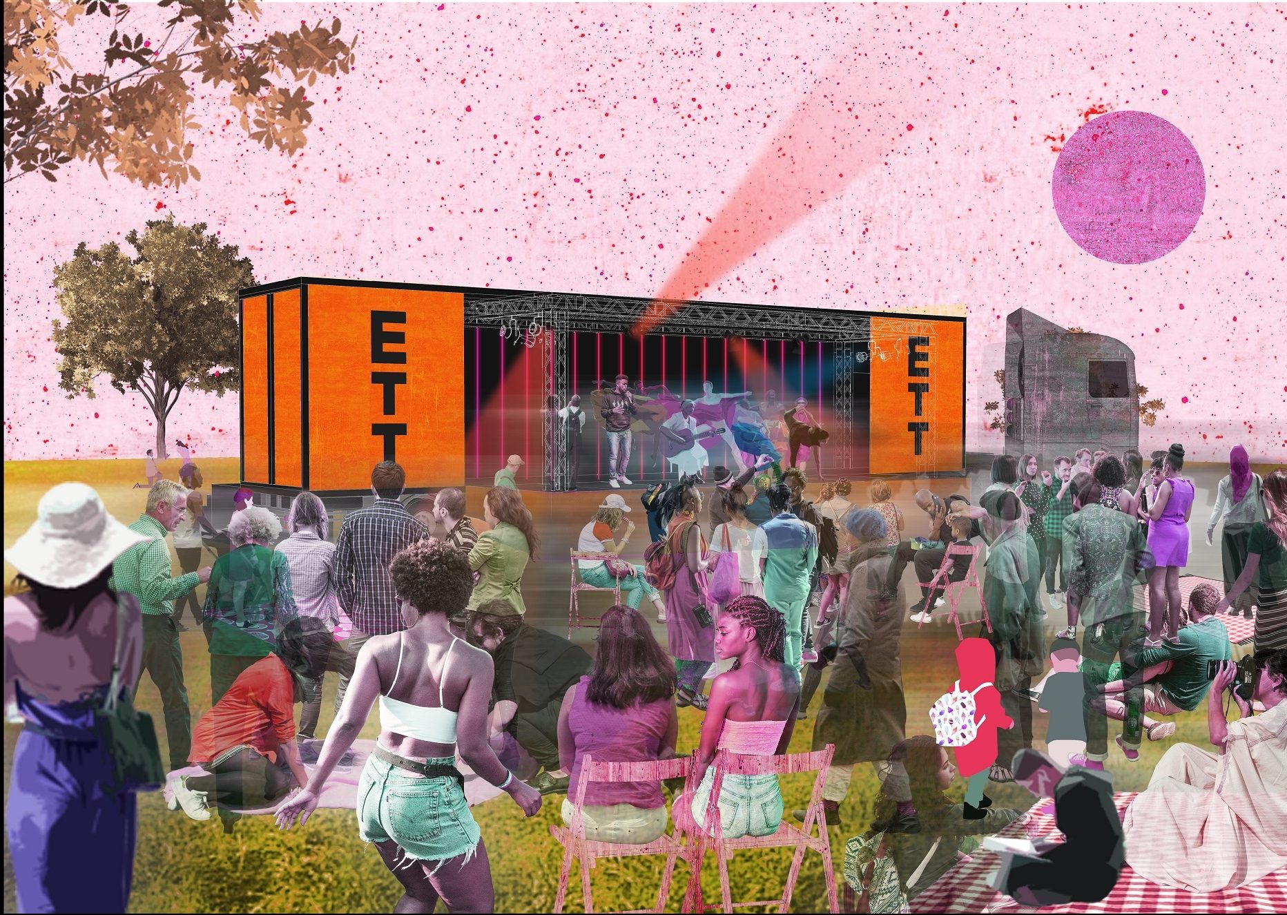 A collage image of a stage shows an audience sitting and also dancing. The stage has ETT written on each side.