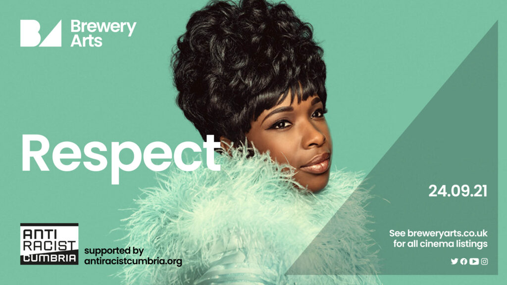 Brewery Arts advert for the film "Respect". In the background Aretha Franklin wears a pale green feather top.