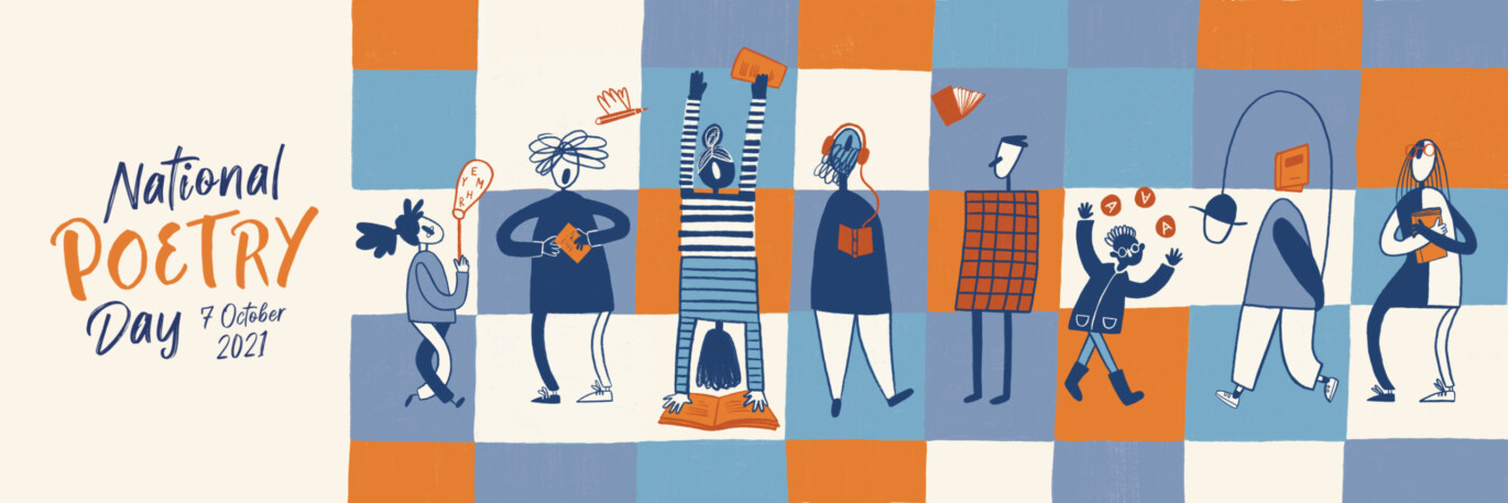 National Poetry Day graphic showing illustrated people reading in different ways, overlaid with blue, orange and white patchwork.