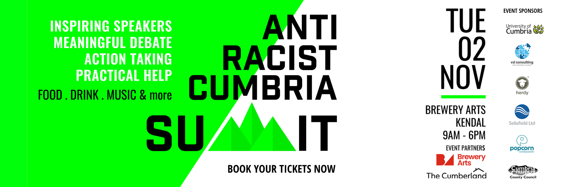 Invitation to Anti Racist Cumbria Summit 2021. Black text on green and white background.