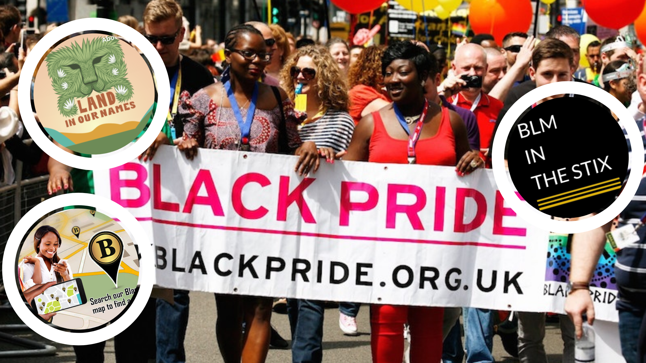 Background image shows Black, white and brown people marching holding a banner "BLACK PRIDE BLACKPRIDE.ORG.UK. Other activist accounts discussed in the article are collaged on top.