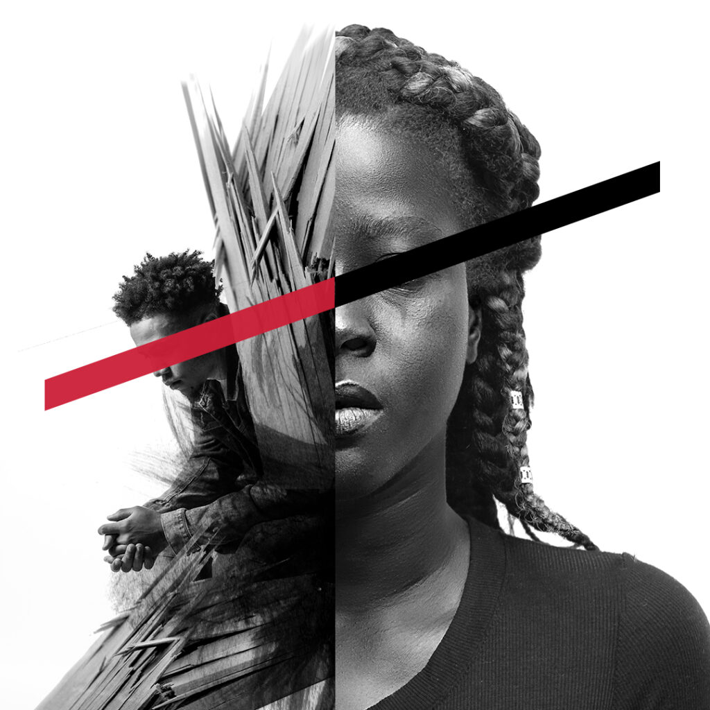 Advert for My Voice Was Heard But It Was Ignored showing two Black people with a red and black illustrated line diagonally through their eyes.