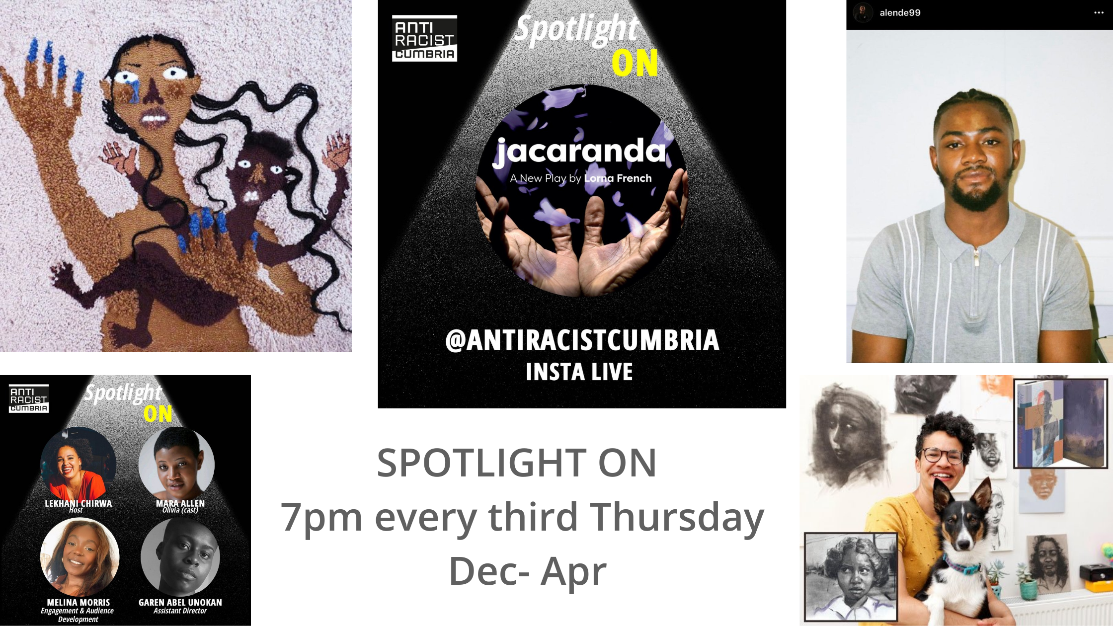Advert for SPOTLIGHT ON, 7pm every third Thursday Dec - Apr. Images showing a collage of Black and Brown creatives.