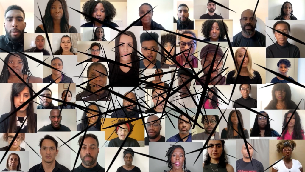 A mosaic of faces of different Black and Brown people. It appears as though the image has been slashed multiple times.