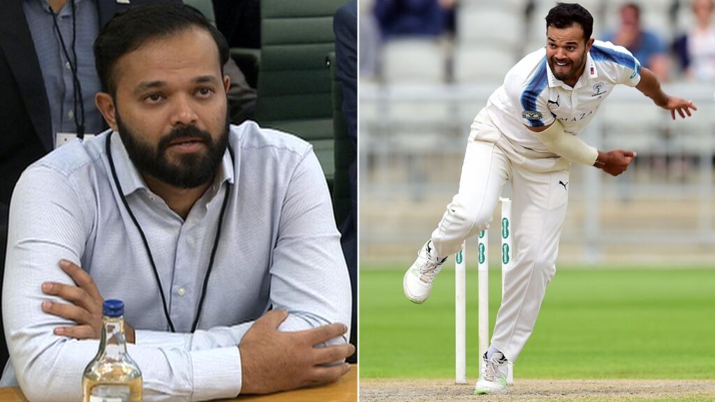 2 images of Azeem Rafiq, an English cricketer of South Asian heritage. On the left he wears a shirt, on the right he is bowling in a cricket match.