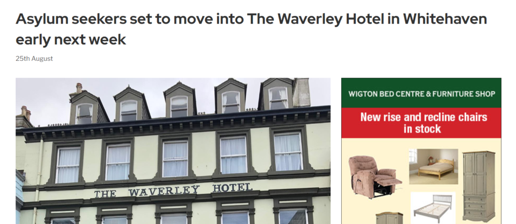 Screenshot of an article showing The Waverley Hotel in Whitehaven.