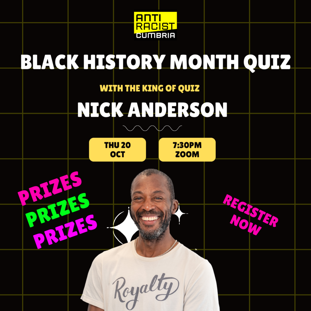 Advertisement for Black History Month Quiz with King of the Quiz Nick Anderson. White text on black background with Nick, a middle-aged black man with a beard, smiling.