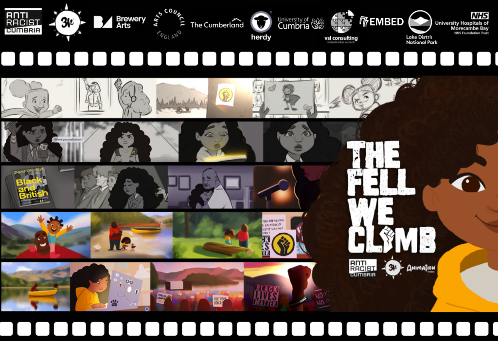 Advertisement for the cartoon "The Fell We Climb". Stills from the film show the story of a young black girl.