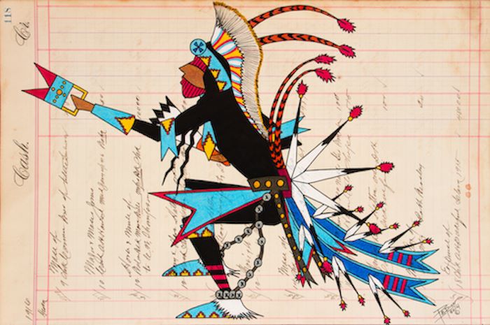 Colourful drawing of Native American dancer in traditional dress.