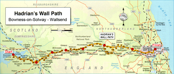 A map that depicts the north of England and Southern Scotland. It highlights the route of Hadrian's Wall.