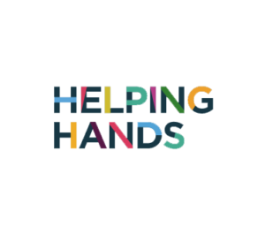 Multicoloured writing on white background reads Helping Hands. 