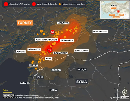A map of Turkey and Skyria shows the extent of the earthquake's magnitude