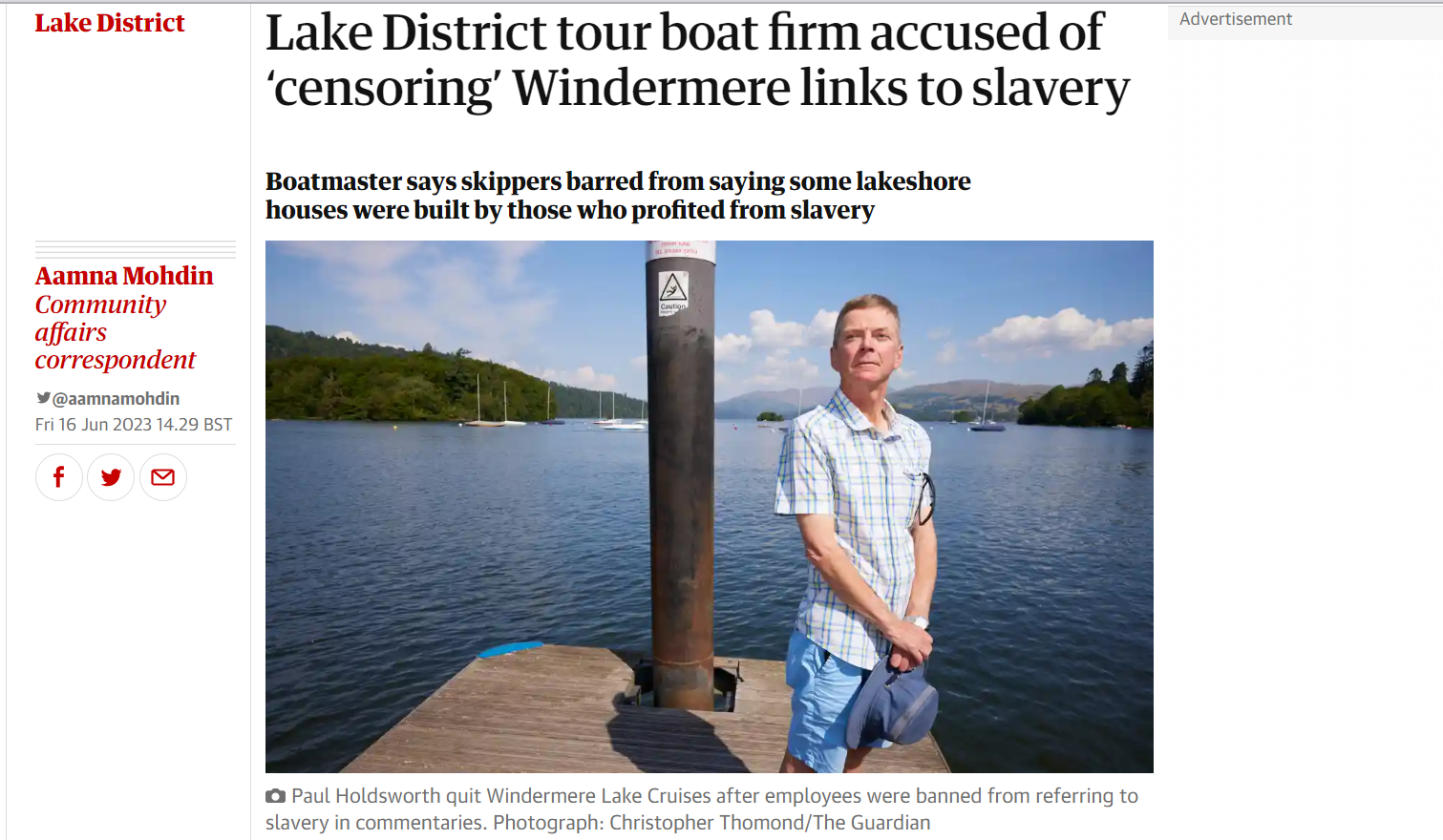 A newspaper headline. Lake District tour boat firm accused of 'censoring' Windermere links to slavery. Pic shows a man standing at the end of a pier, a lake and mountains behind him.