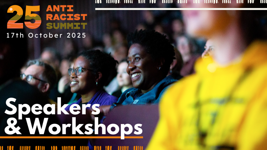 Graphic with 25 Anti Racist Summit logo and text that reads Speakers and Workshops