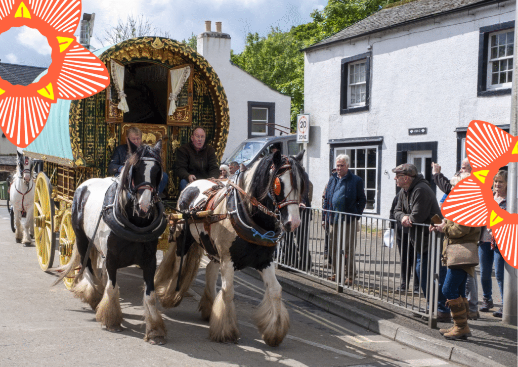 Image shows ornate Romany Gypsy horse and carriage. Two beautiful black and white horses can be seen at the front.